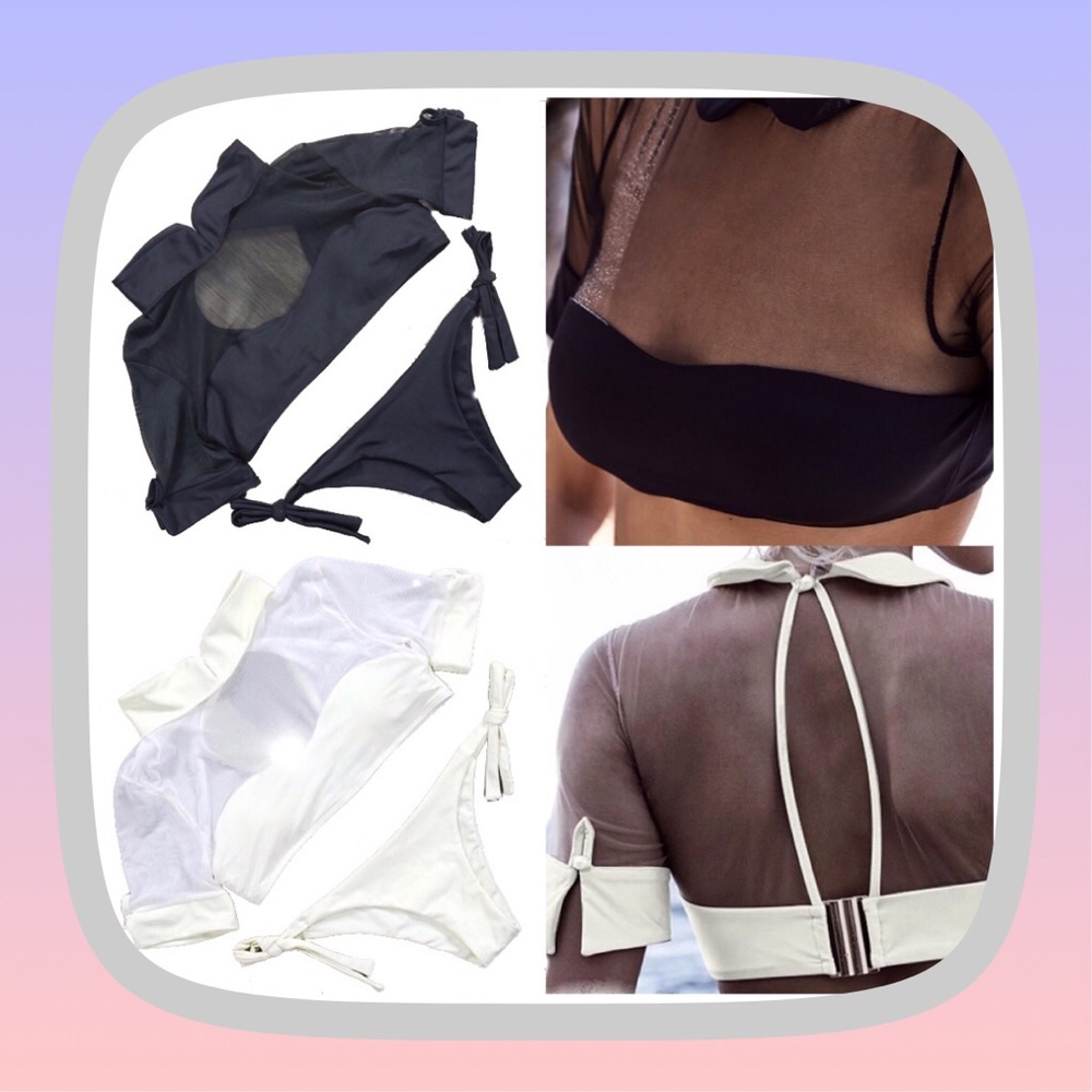 Classy Collar Mesh Bikini with Pearl Buttons